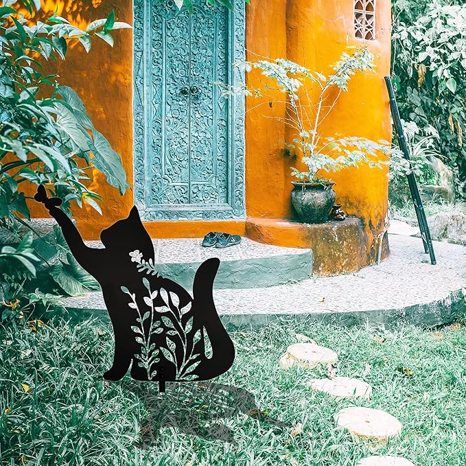 Metal Black Cat Stake Garden Garden Statue, Yard Decoration Art Lawn, Cat Gifts for Cat Lovers, Outdoor Home Decoration Metal Animal Statue