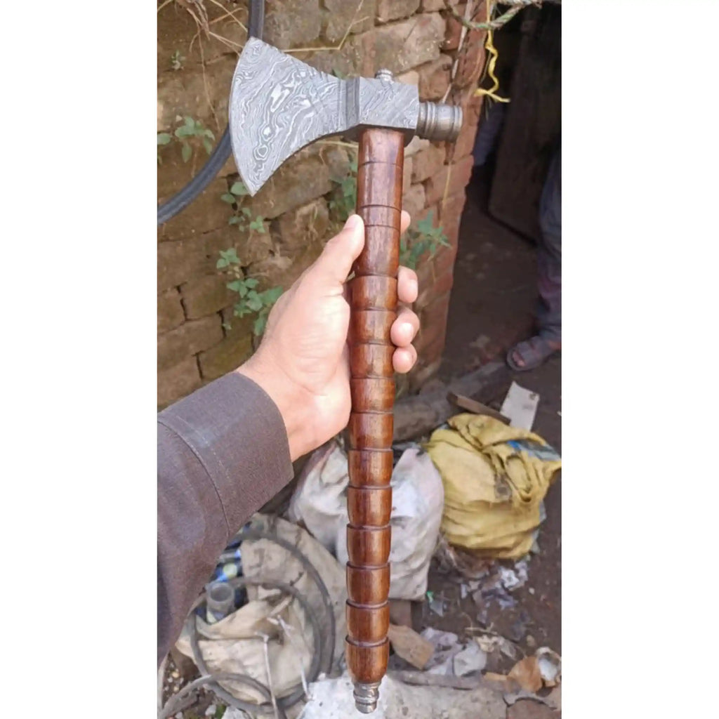 Collectible Artisan Pipe Axe in Damascus Steel with Hardwood Handle