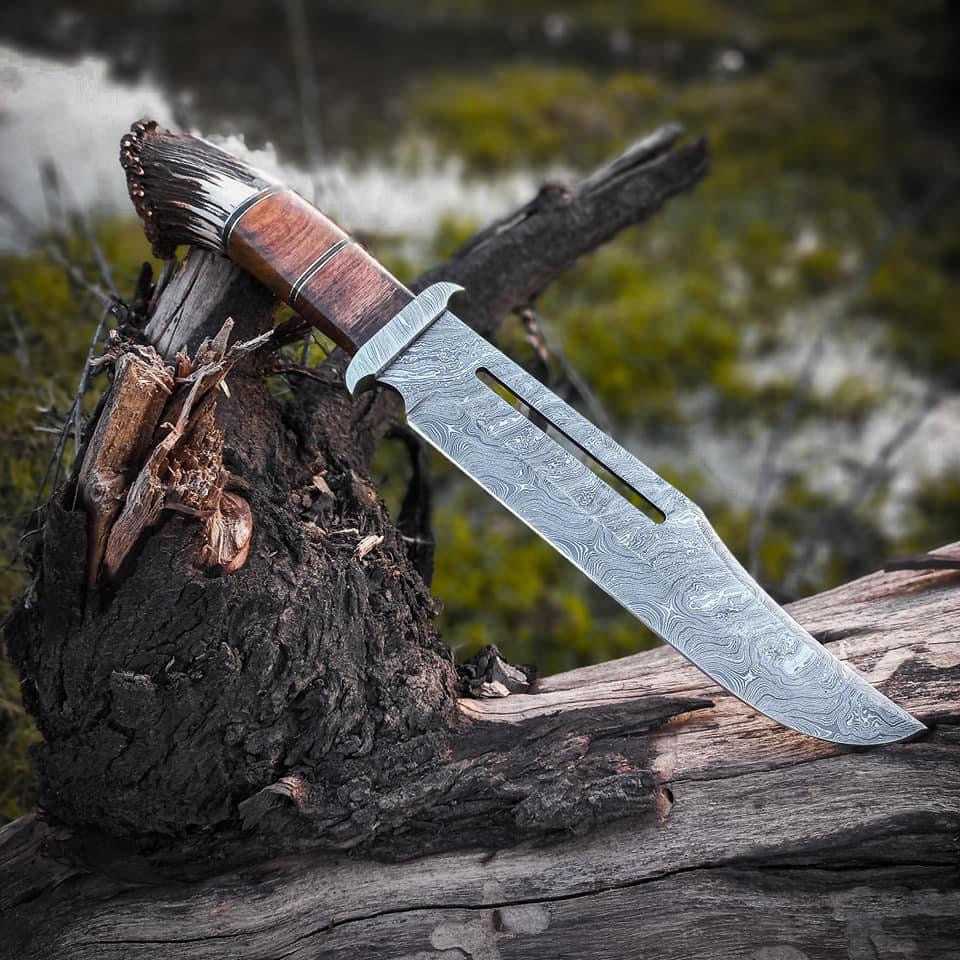 Custom Handmade Damascus Steel Bowie Knife with Damascus Steel Guard and Stag Handle - 16”