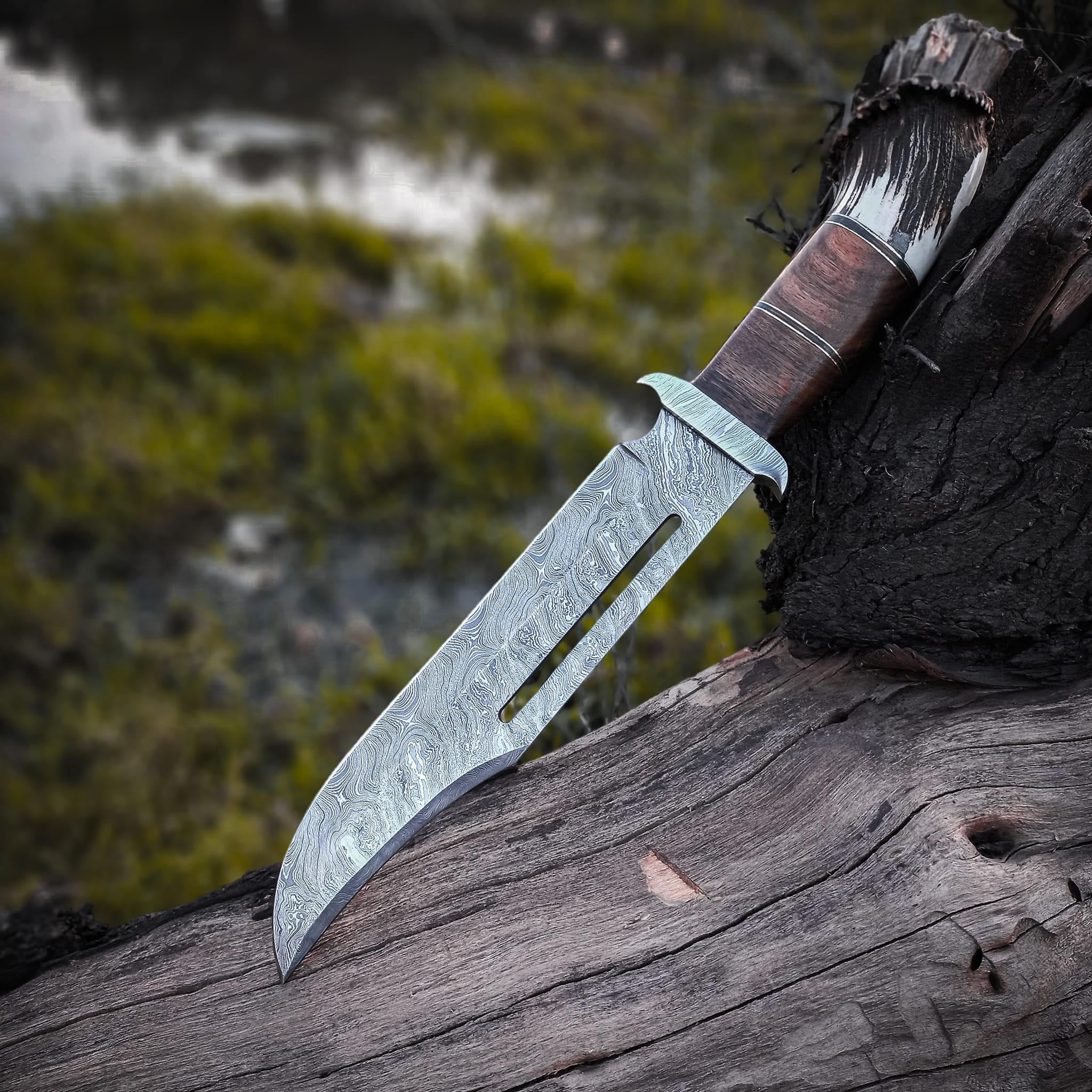 Exquisite Custom Handmade 16” Damascus Steel Bowie Knife with Damascus Guard and Stag Handle, Leather Sheath
