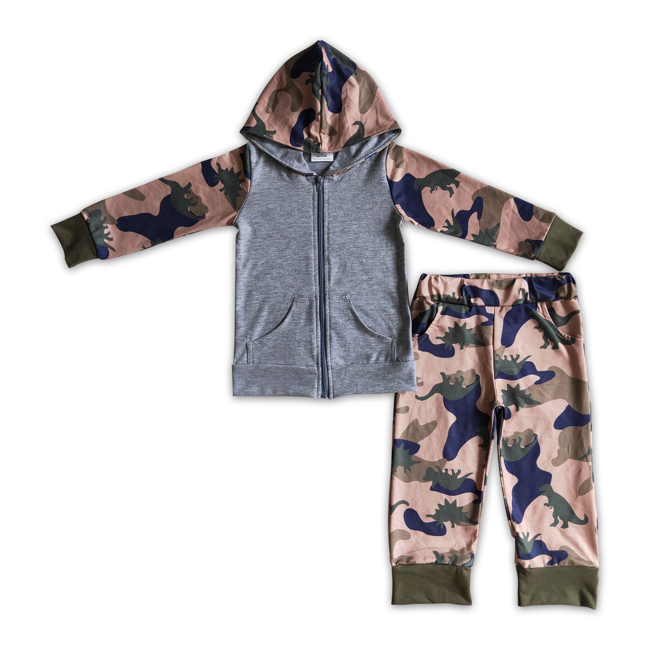 Grey zip hoodie dinosaur camo pants boy fall outfits