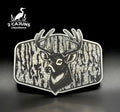 Buck Deer on Tree Bark Design Dual Layer Stainless Black Acrylic Hat Patch