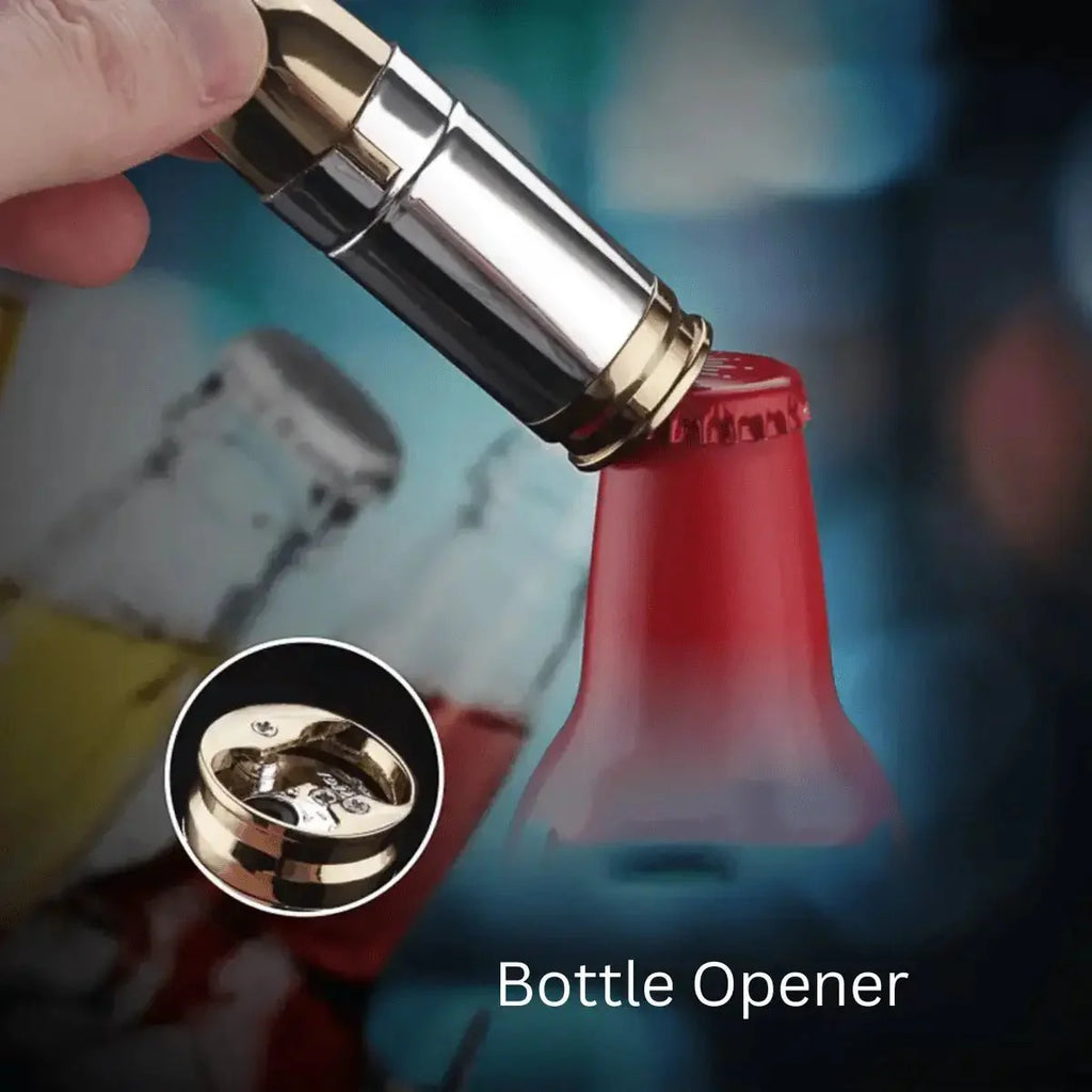 Bullet-Shaped Torch Lighter, 3-Inch, Blue Flame, Butane Refillable with Bottle Opener, Silver and Gold