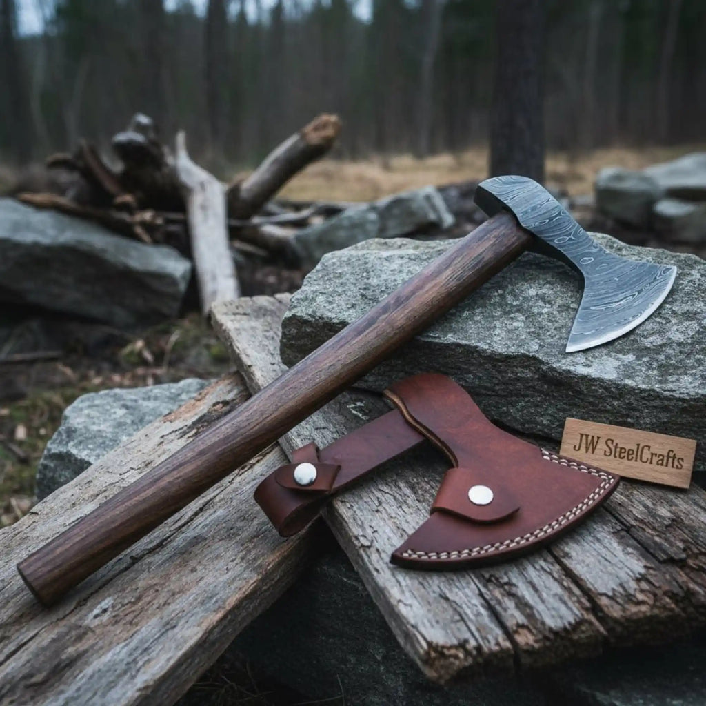 Viking-Style Hand-Carved Battle Axe | Blackened Wood Handle & Leather Sheath
