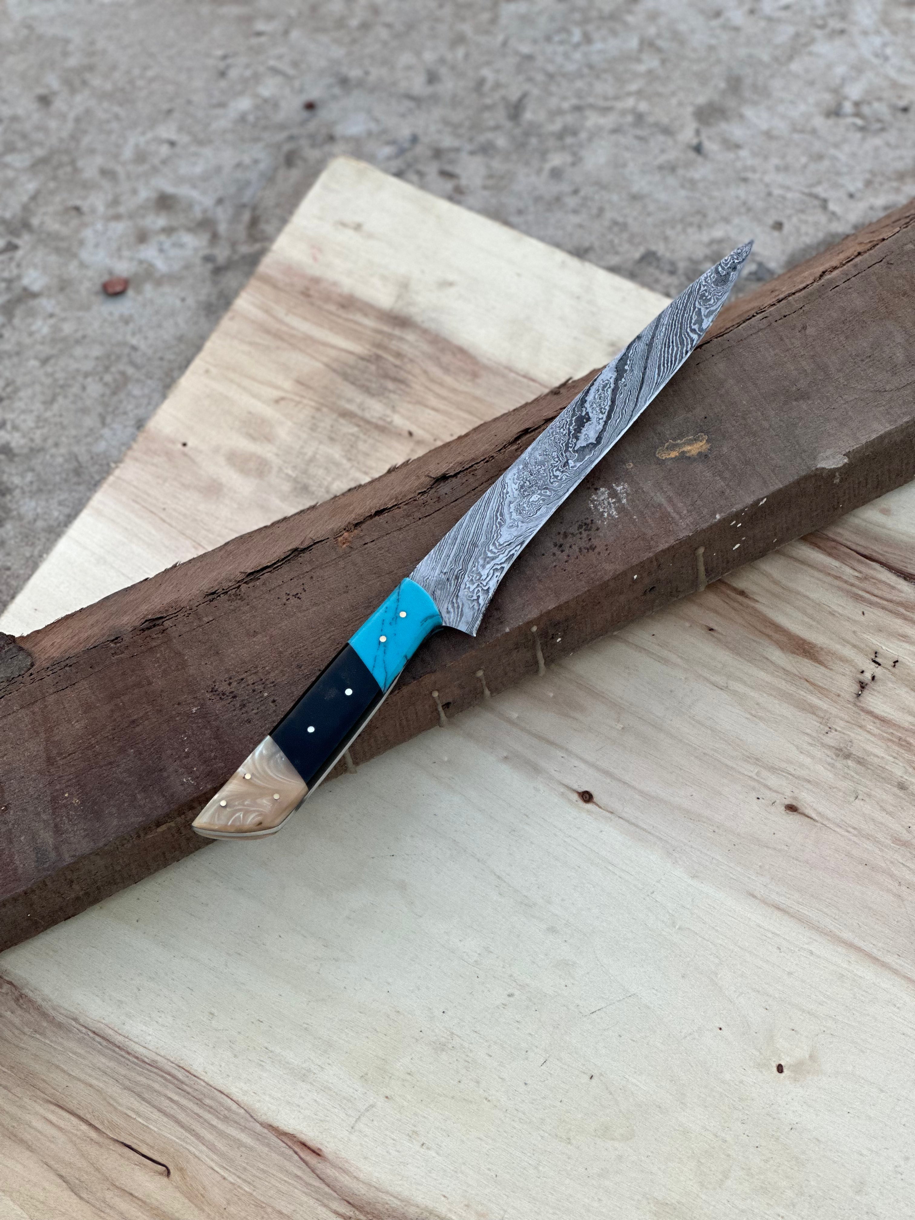 Handmade Damascus Steel Large Fillet Knife Hunting Fishing, Full Tang 13.5 inch