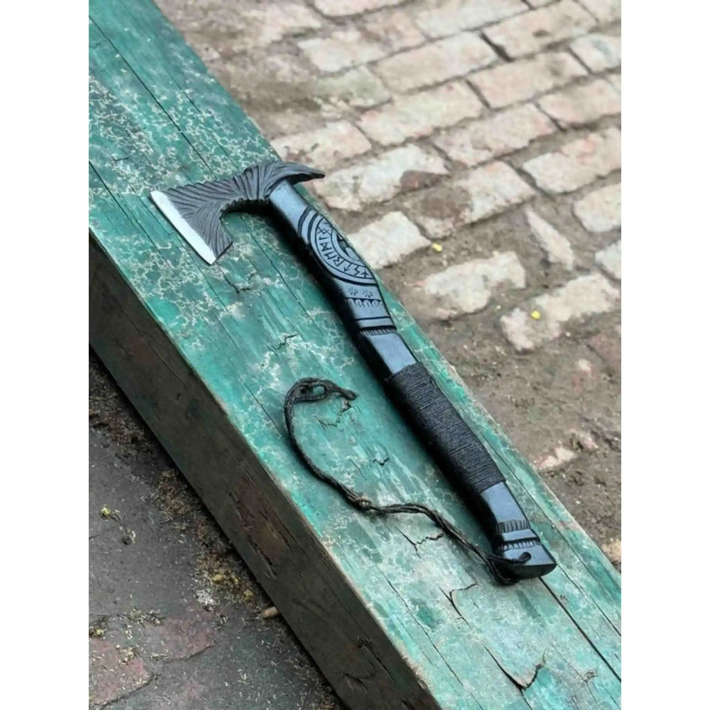 Viking-Style Hand-Carved Battle Axe | Blackened Wood Handle & Leather Sheath