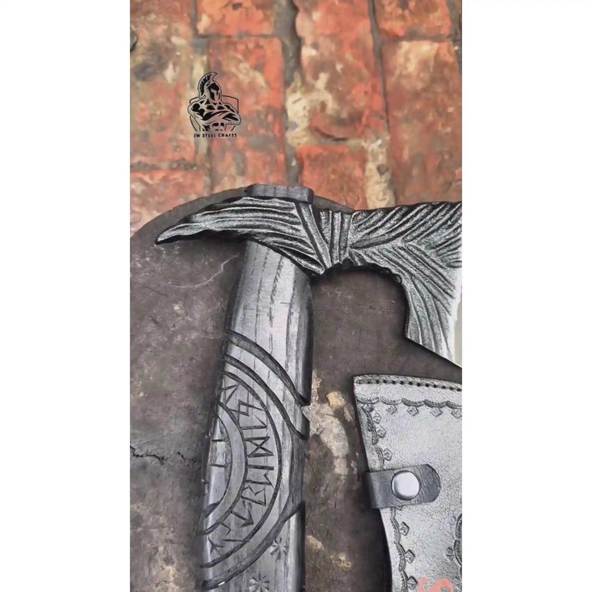 Viking-Style Hand-Carved Battle Axe | Blackened Wood Handle & Leather Sheath