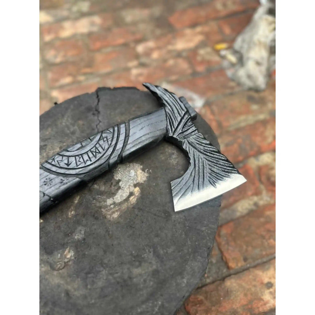 Viking-Style Hand-Carved Battle Axe | Blackened Wood Handle & Leather Sheath