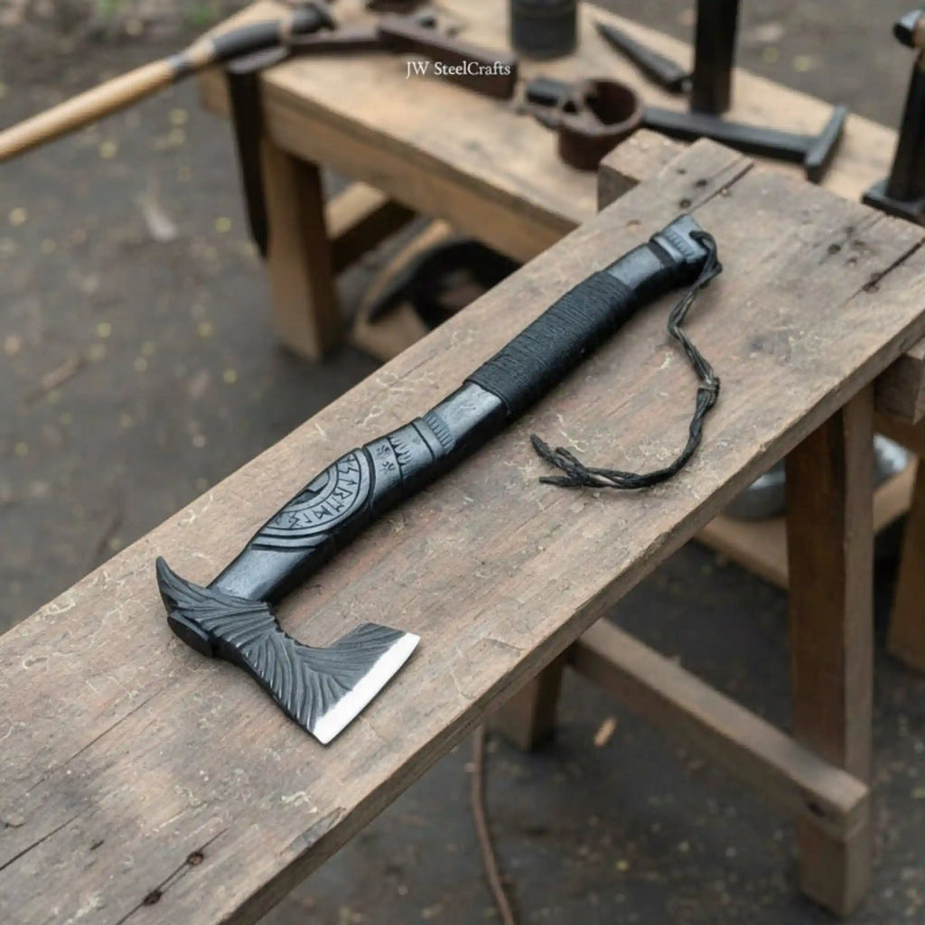 Viking-Style Hand-Carved Battle Axe | Blackened Wood Handle & Leather Sheath