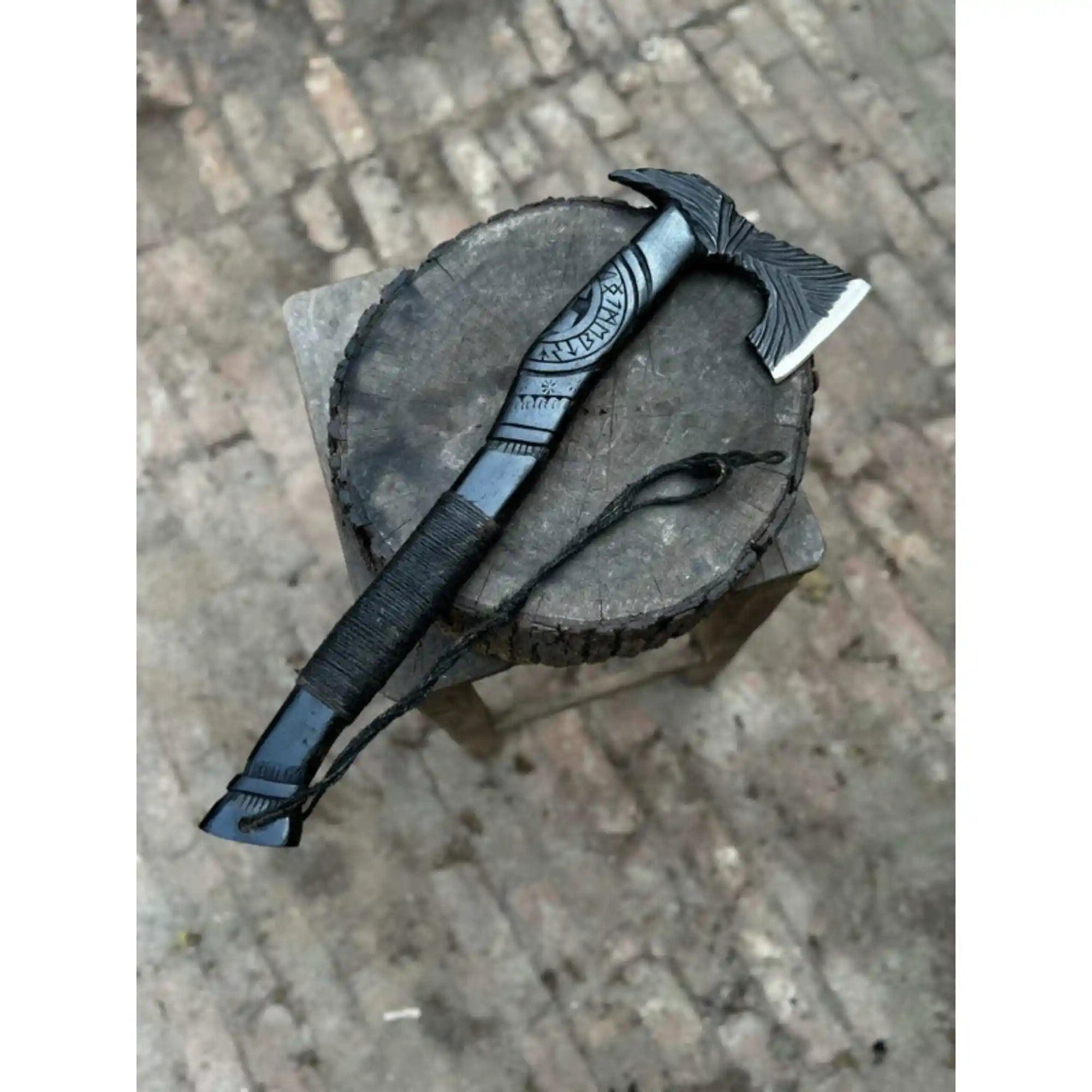 Viking-Style Hand-Carved Battle Axe | Blackened Wood Handle & Leather Sheath