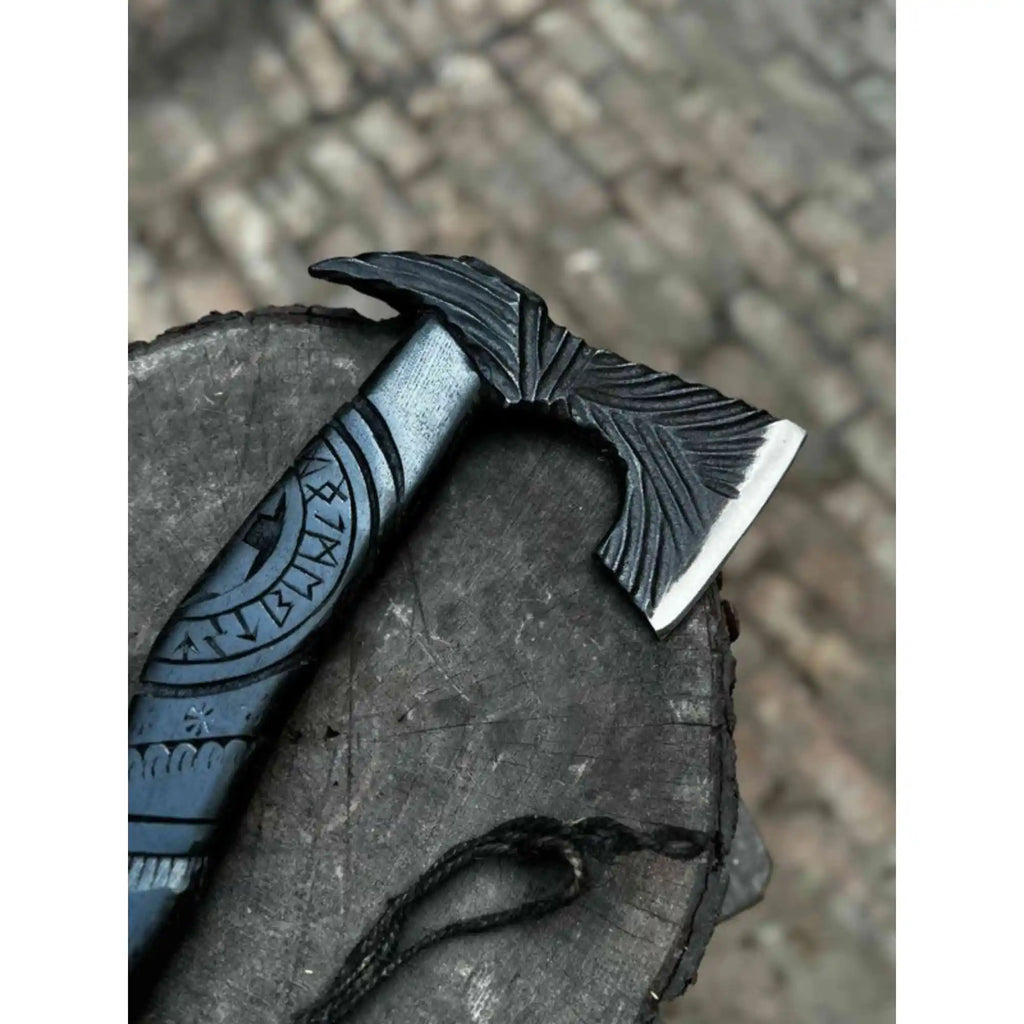 Viking-Style Hand-Carved Battle Axe | Blackened Wood Handle & Leather Sheath