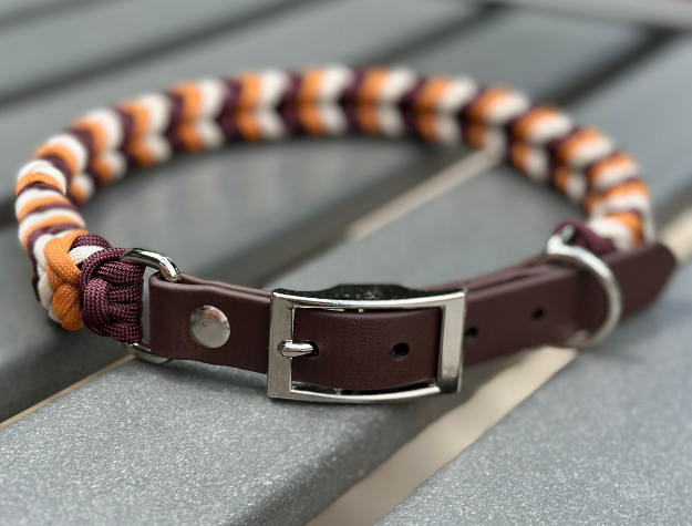 Coiled Charm Hand Braided Dog Collar in Mustard, Burgundy, & Cream