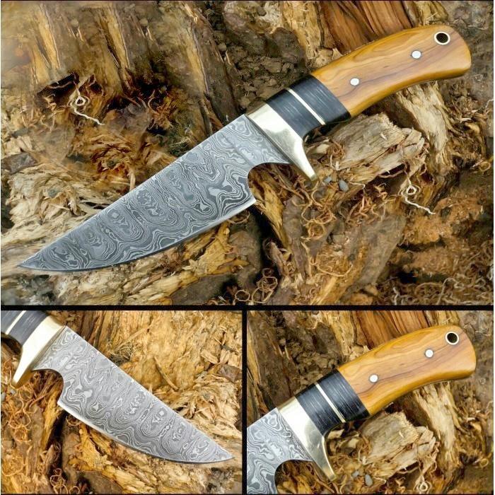 Custom Damascus Steel Hunting Knife with Olive Wood & Pakkawood Handle and Steel Guard