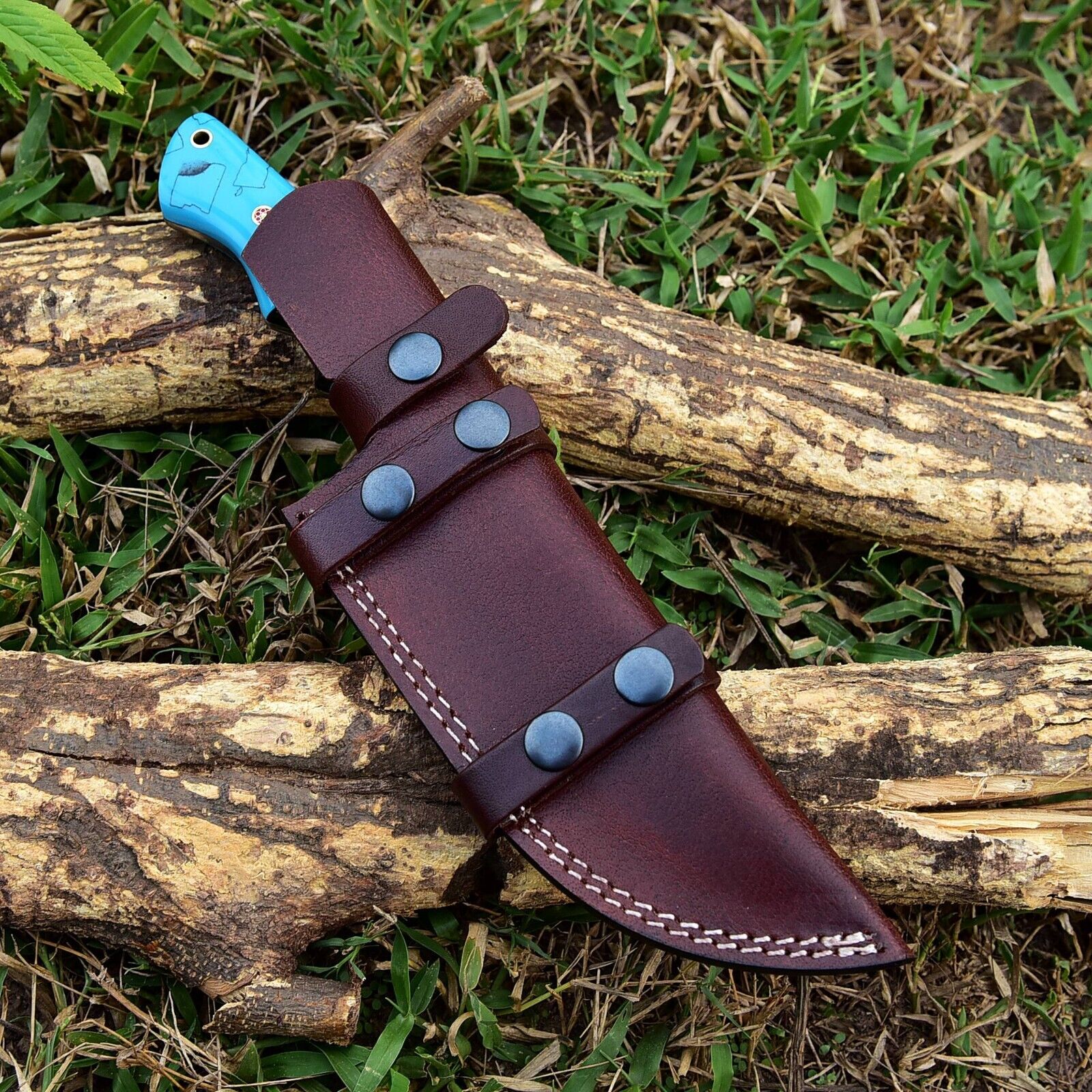 Custom Handmade Damascus Steel Hunting Knife – 10-Inch Blade with Resin Handle, Includes Leather Sheath