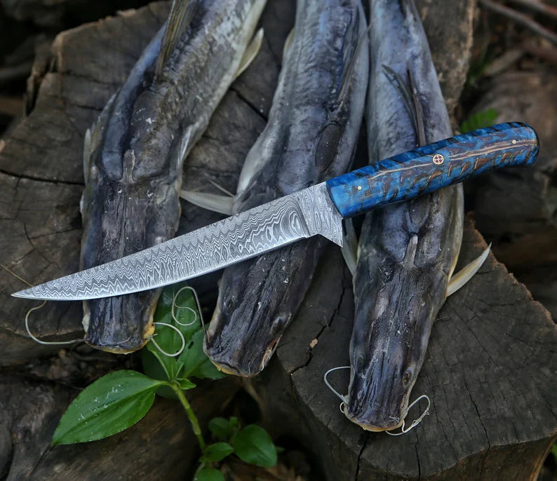 Custom Handmade Damascus Steel Fillet Knife with Aqua Resinwood Handle - 13" Length