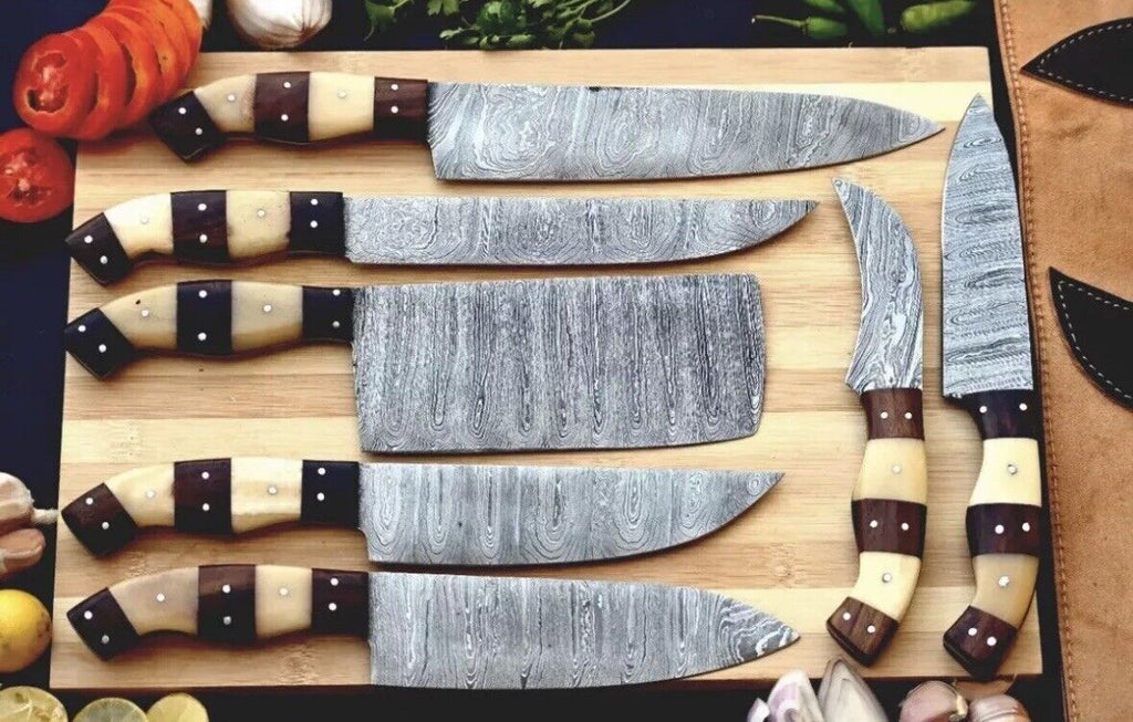 Custom Handmade Damascus Chef Knife Set - Rosewood & Olive Wood Handles