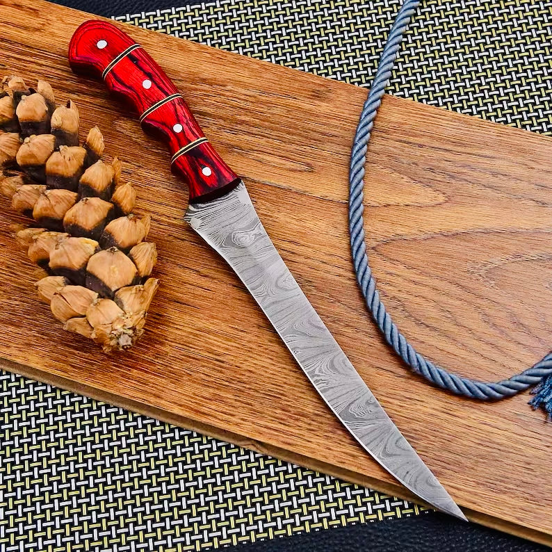 Custom Handmade Damascus Steel Fishing Fillet Knife - 13" with Pakka Wood Handle & Leather Sheath