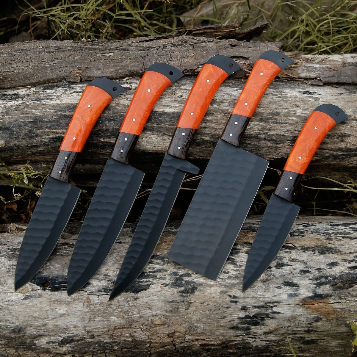 Handmade Damascus Kitchen Chef Knife Set 5Pcs, Cowhide Roll Kit, Rose Wood Handle ,Gift For Him, Wedding Anniversary Gift For Mom