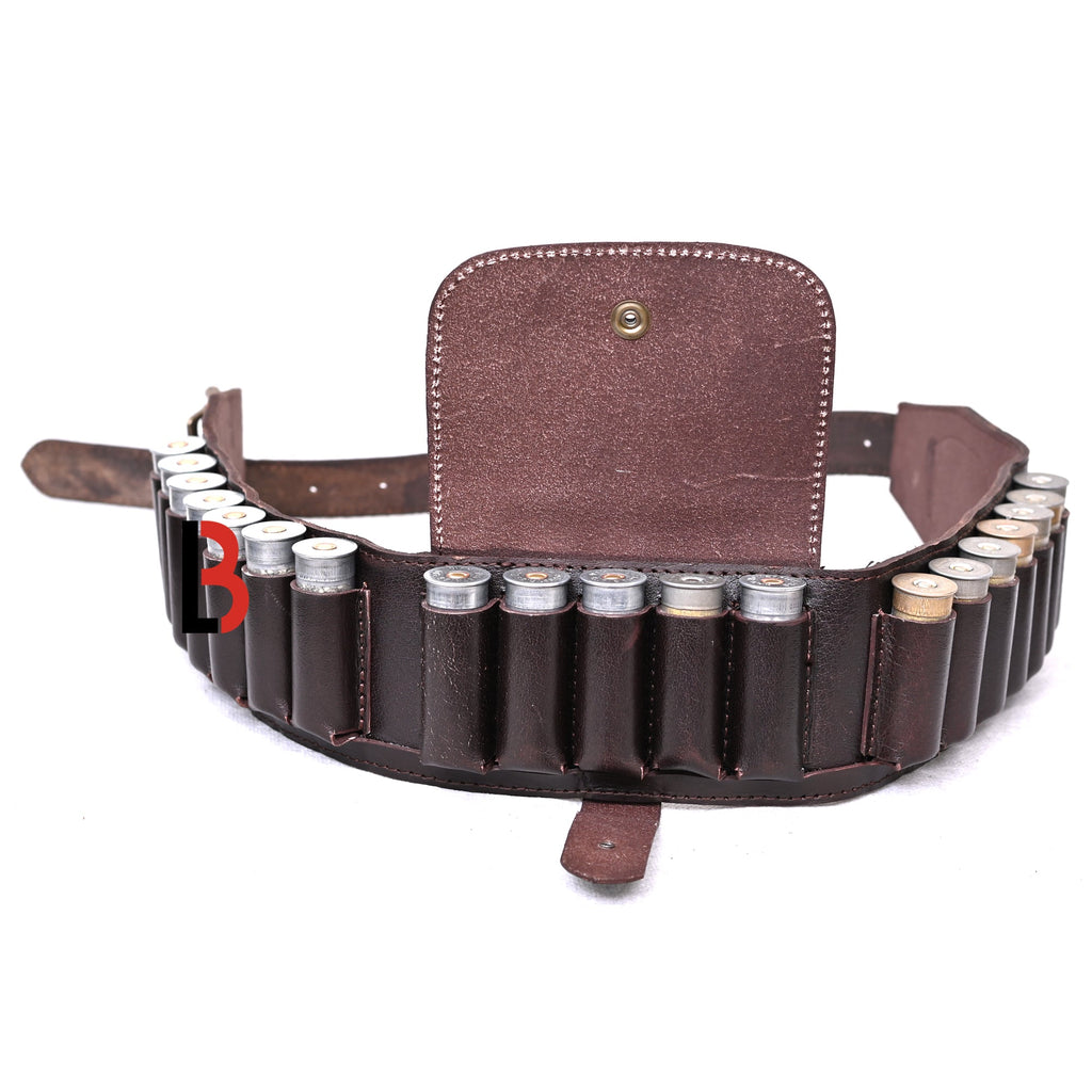 Cowhide Leather Shotshell Bandolier Belt Shotgun Shell Belt Ammunition Carrier, holds 19 shells