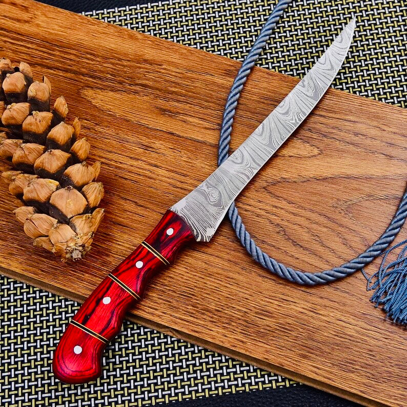 Custom Handmade Damascus Steel Fishing Fillet Knife - 13" with Pakka Wood Handle & Leather Sheath