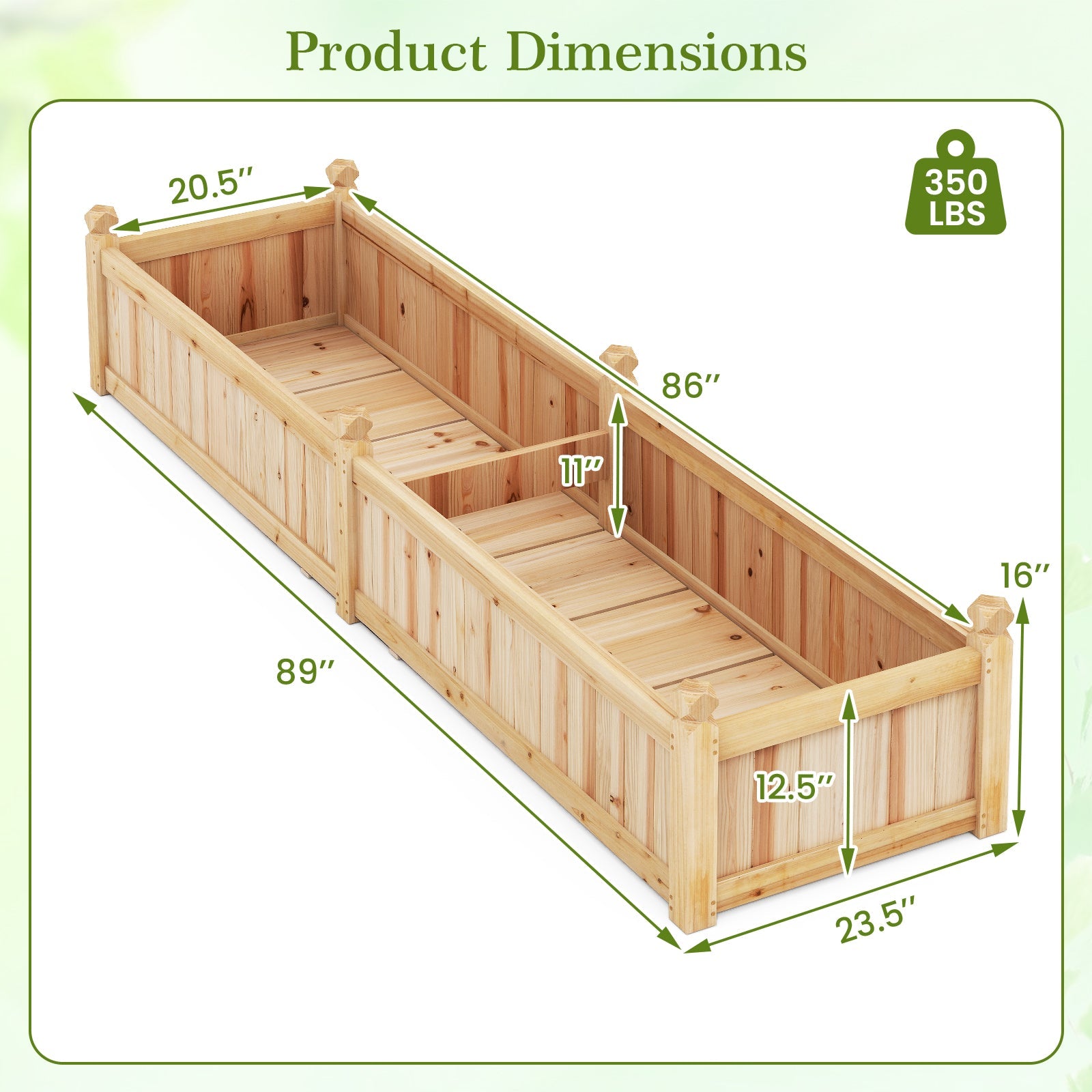 91 x 24 x 16 Inch Divisible Planter Box with Corner Drainage and Non-woven Liner for Growing Vegetables