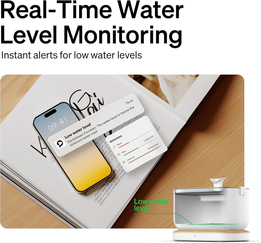 Dockstream Wireless Water Pump App Cat Fountain | Smart Stainless Steel Hydration System with App Tracking