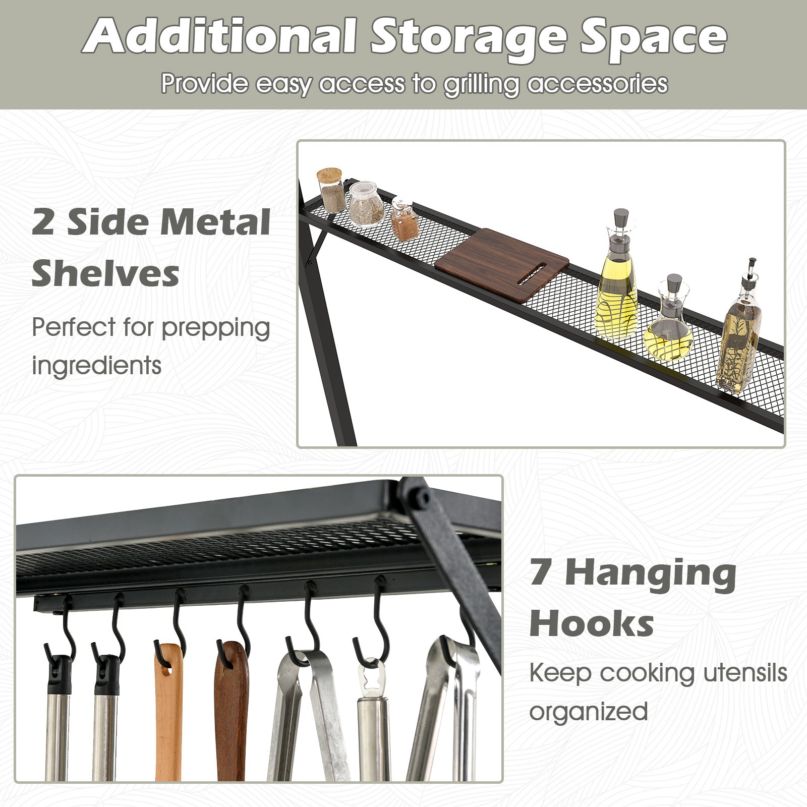 Outdoor Double-Tiered Grill Gazebo Canopy with 2 Shelves and 7 Hooks-Beige