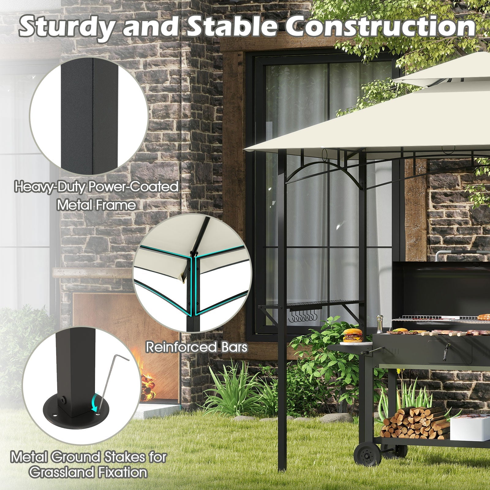 Outdoor Double-Tiered Grill Gazebo Canopy with 2 Shelves and 7 Hooks-Beige