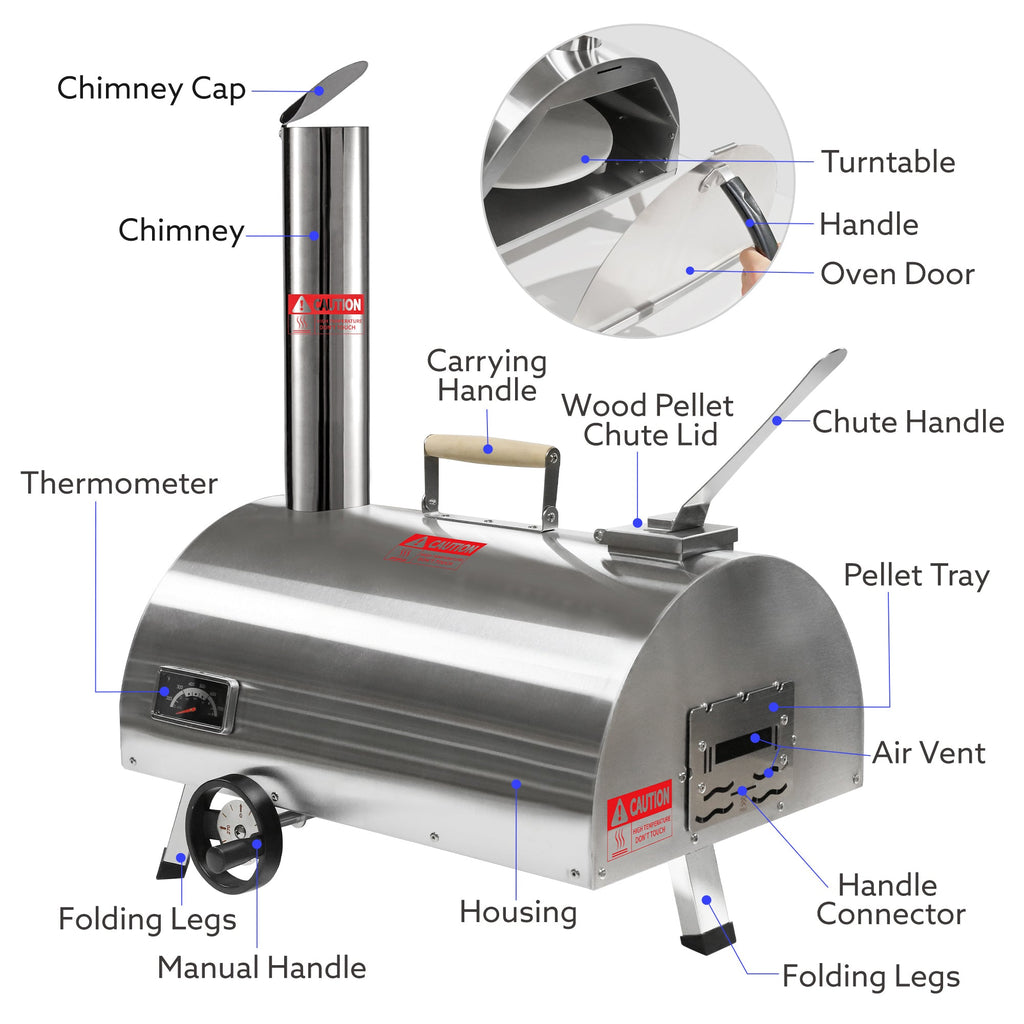 Silver Pizza Oven Outdoor 12" Semi-Automatic Rotatable Pizza Ovens Portable Stainless Steel