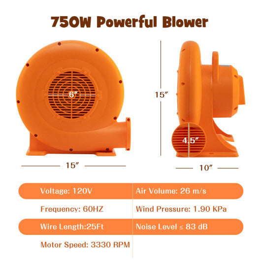 750W Air Blower (1.0HP) for Inflatables with 25 feet Wire and GFCI Plug - Color: Orange - Size: 750W