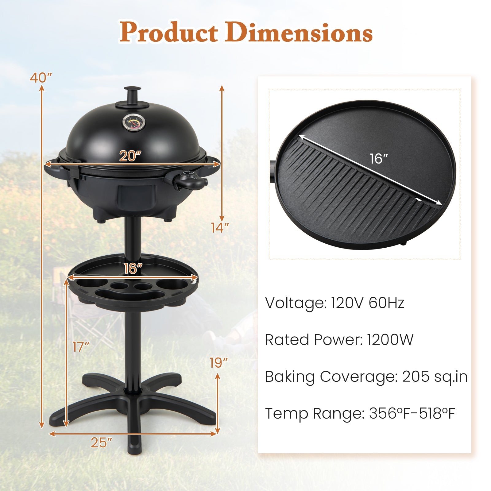 Electric BBQ Grill 1200W Indoor Outdoor Grill with 2-Zone Non-Stick Grilling Plate-Black