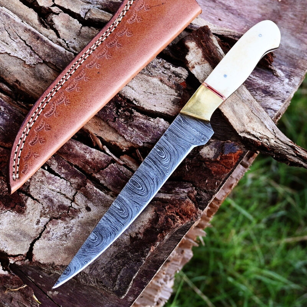 Premium Handmade Damascus Steel Fillet Knife – Brass & Camel Bone Handle with Leather Sheath | Best Fillet Knife