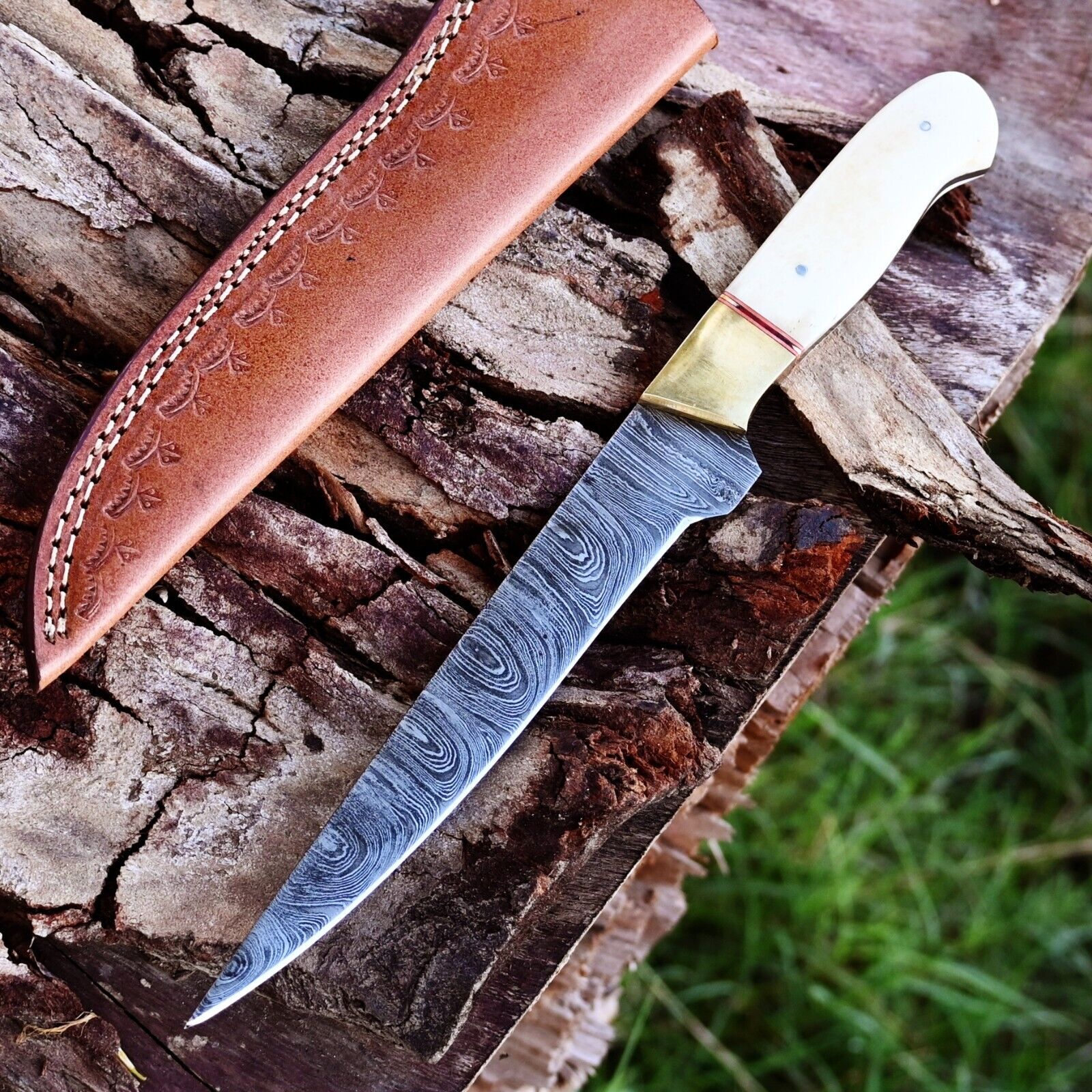 Premium Handmade Damascus Steel Fillet Knife – Brass & Camel Bone Handle with Leather Sheath | Best Fillet Knife