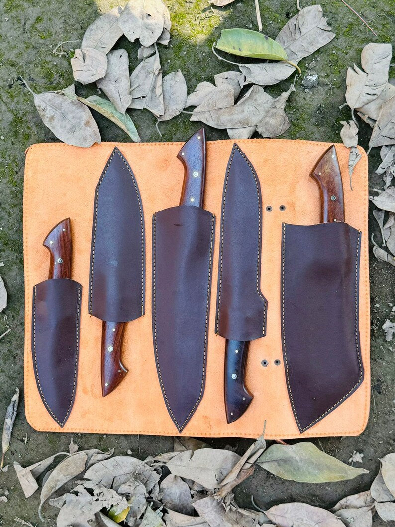Premium Damascus Steel Knife Sets - Hand Forged, Rosewood & Buffalo Horn Handles