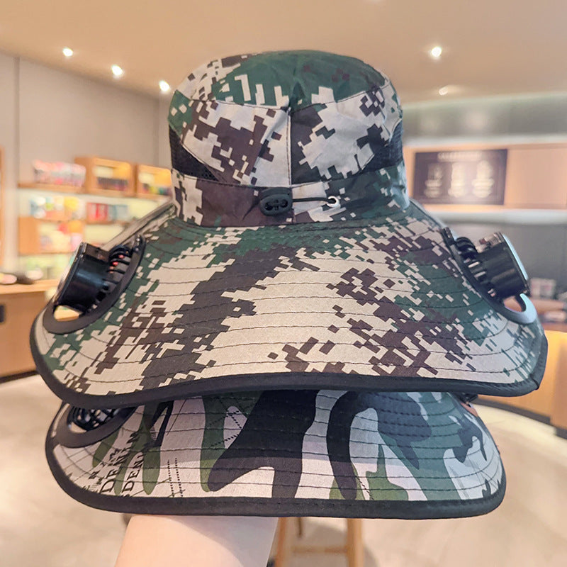 Solar powered fan large brim hat men's outdoor sunshade hat mountain climbing fisherman hat