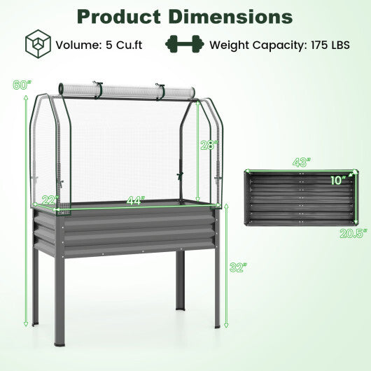 Galvanized Raised Garden Bed with Legs and Greenhouse Cover for Vegetable Flower-Gray