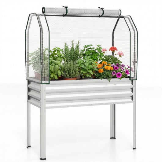 Galvanized Raised Garden Bed with Legs and Greenhouse Cover for Vegetable Flower-Gray