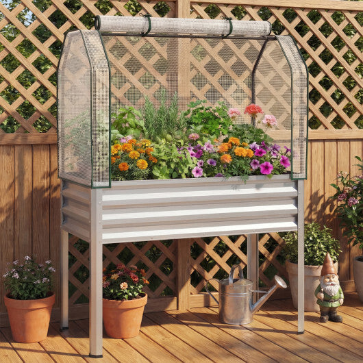 Galvanized Raised Garden Bed with Legs and Greenhouse Cover for Vegetable Flower-Gray