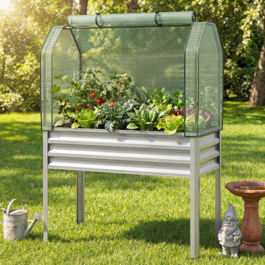Galvanized Raised Garden Bed with Legs and Greenhouse Cover for Vegetable Flower-Gray