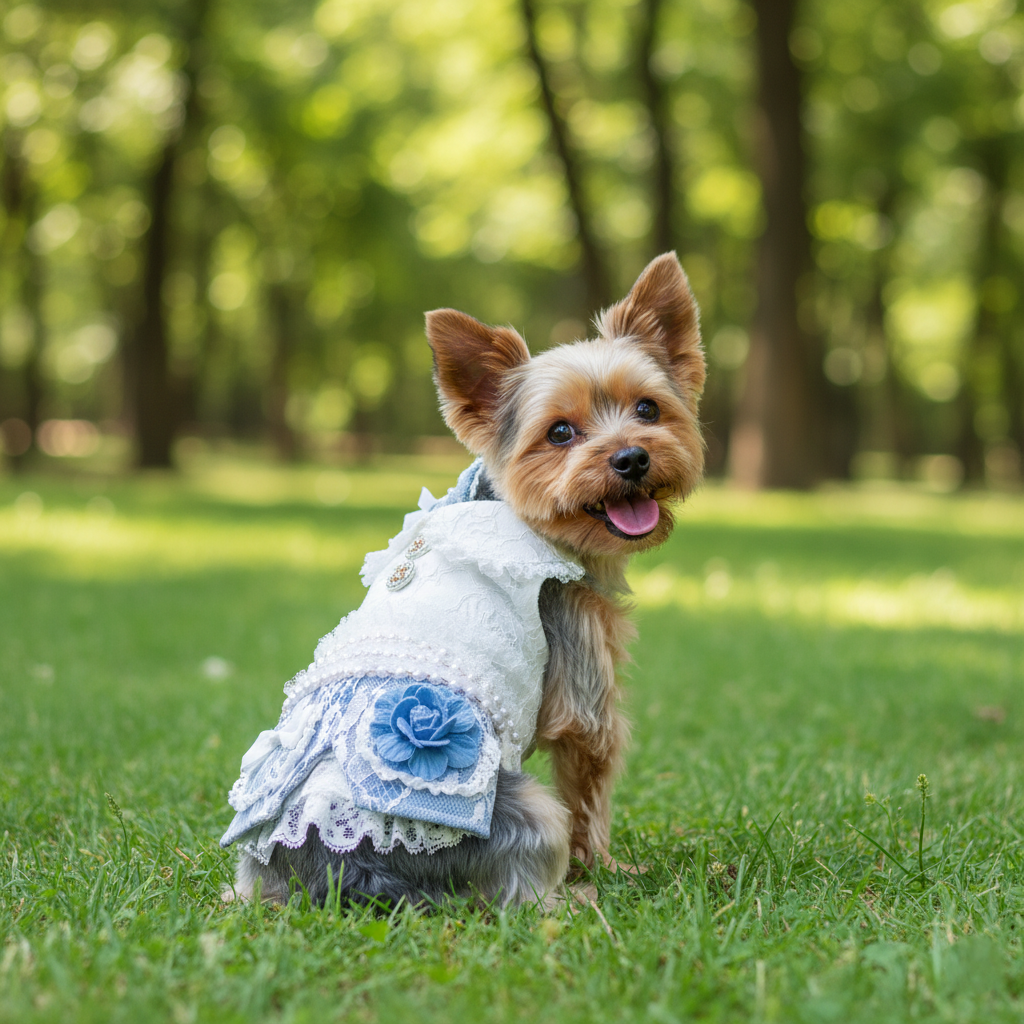 Handmade Elegant Dog Dress Blue Lace Flower Outfit