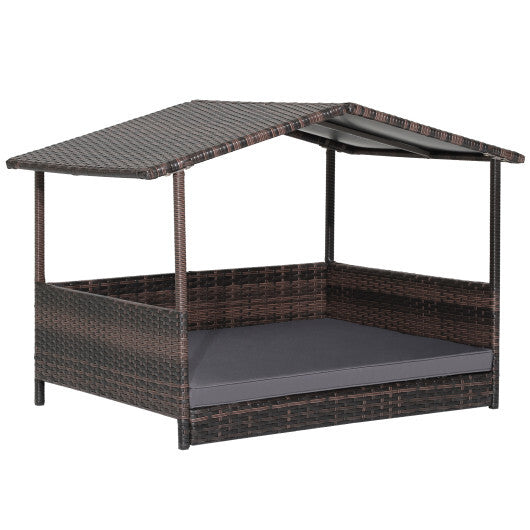 Outdoor Wicker Dog House with Weatherproof Roof-Gray - Color: Gray