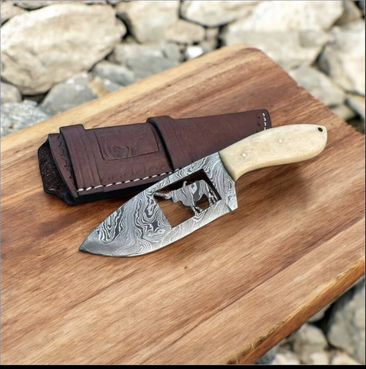 Handcrafted Cowboy Belt Knife – Damascus & Camel Bone | 7" EDC