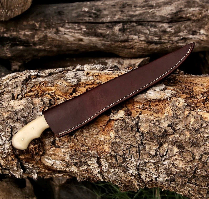 Fishing Fillet & Boning Knife – 13" Damascus Steel with Camel Bone & Rosewood Handle + Leather Sheath