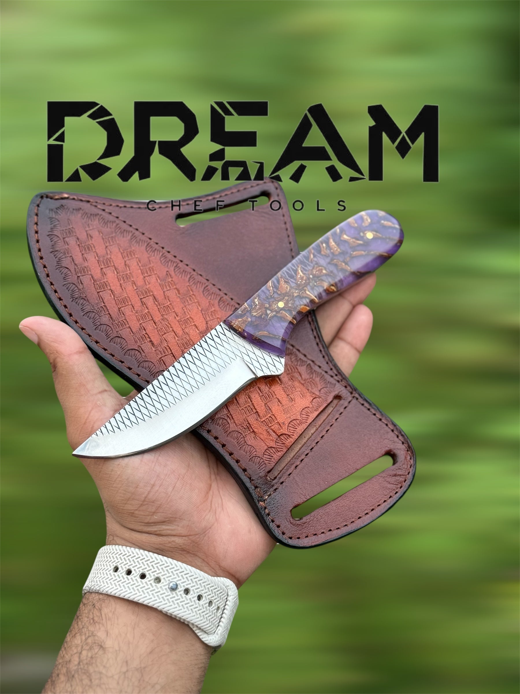 Handmade Cowboy Knife – Rasp Steel Blade with Pine-Cone Resin Handle & Leather Sheath