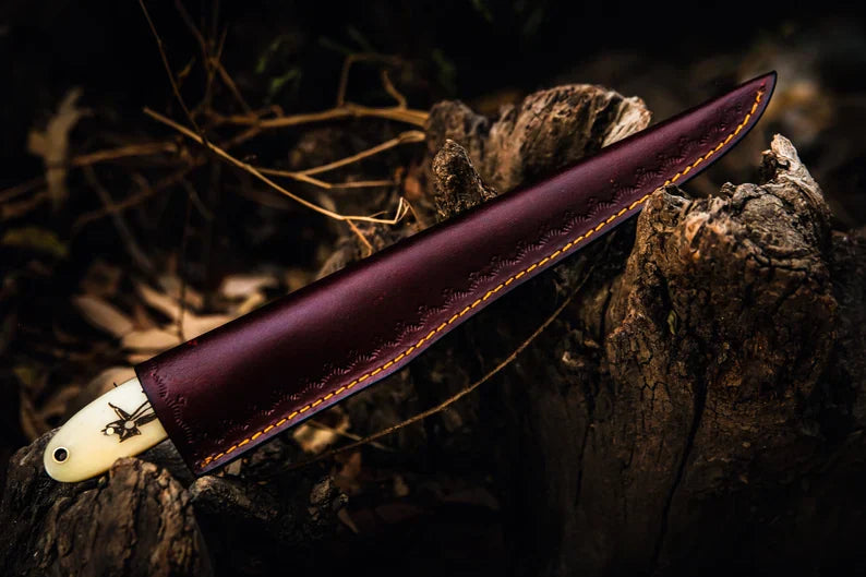 Custom Handmade Damascus Steel Fillet Knife with Camel Bone and Rosewood Handle - 13" Overall Length