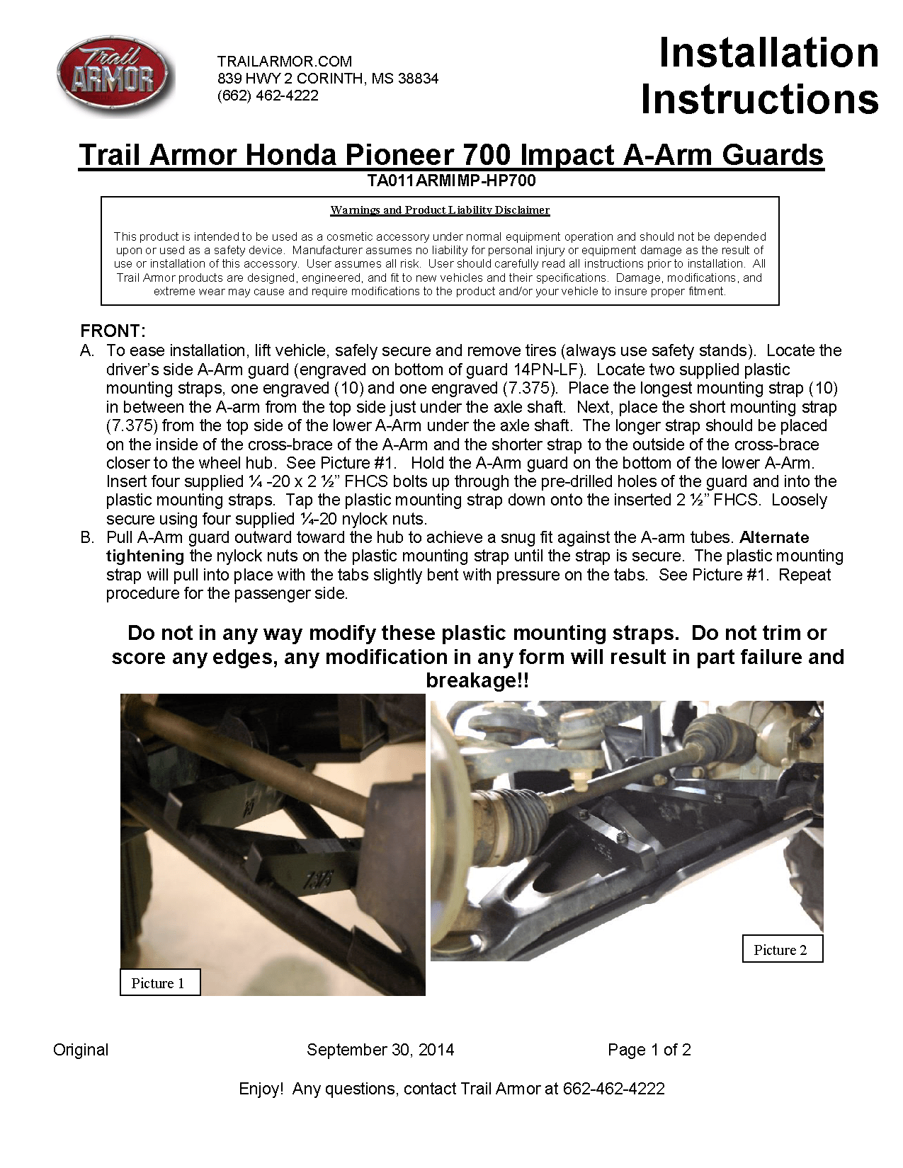 Trail Armor iMpact A-arm Guard Honda for 2014-23 Pioneer 700