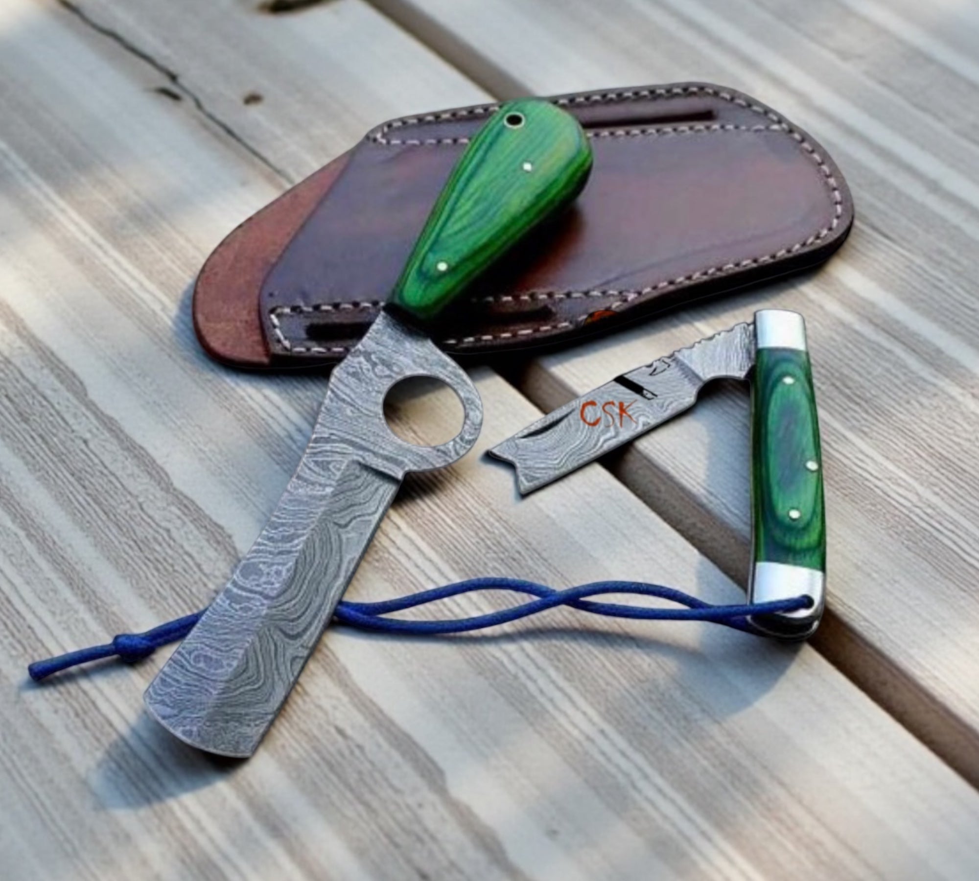 Cowboy Bull Cutter Knives Set - Handmade Damascus Blades & CrossDraw Sheath