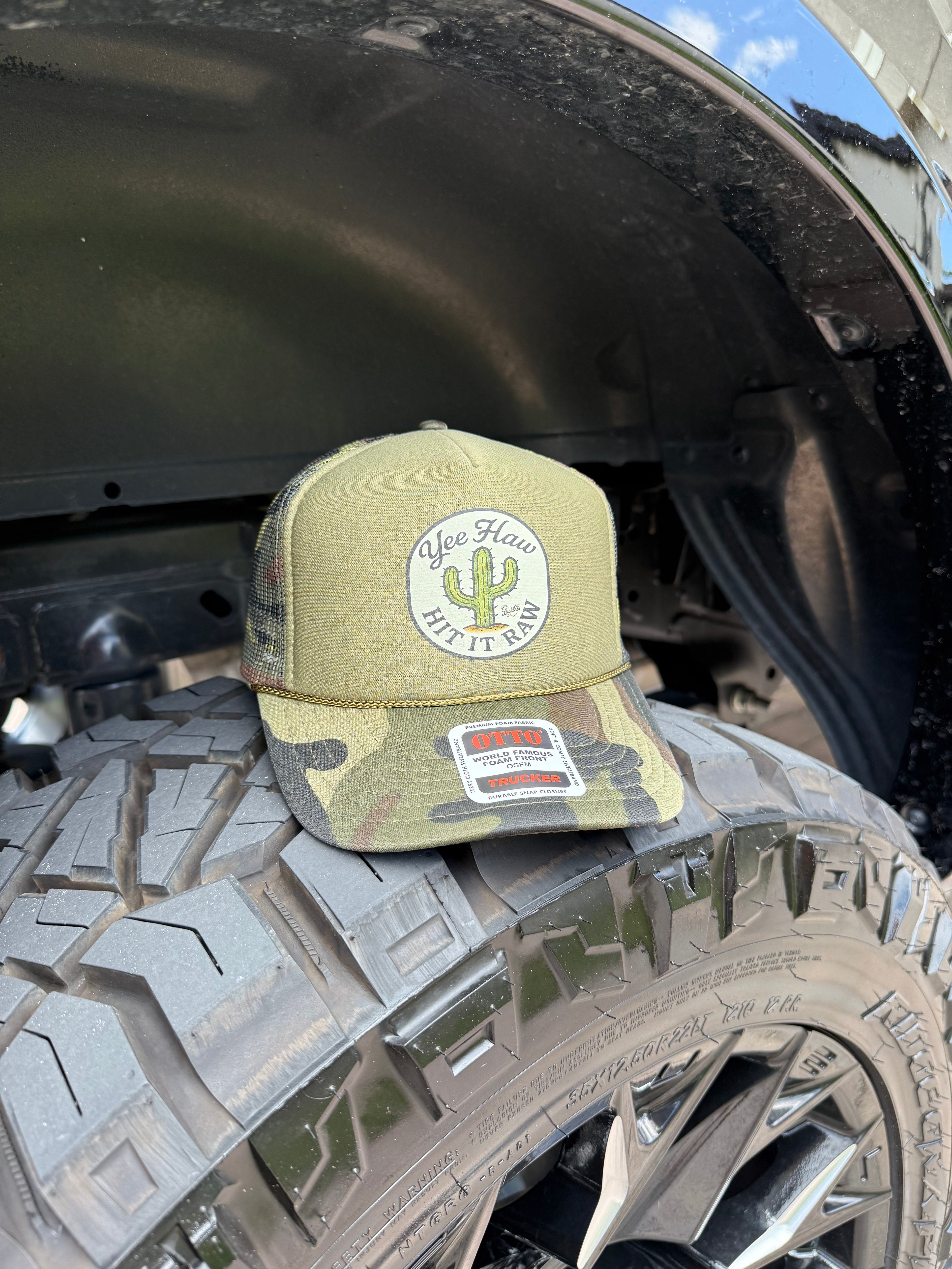 Yee Haw Hit it Raw Camo Trucker