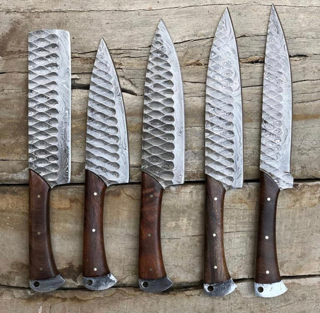 Elegant Rosewood & Damascus Steel 5-Piece Kitchen Knives Set with Leather Roll