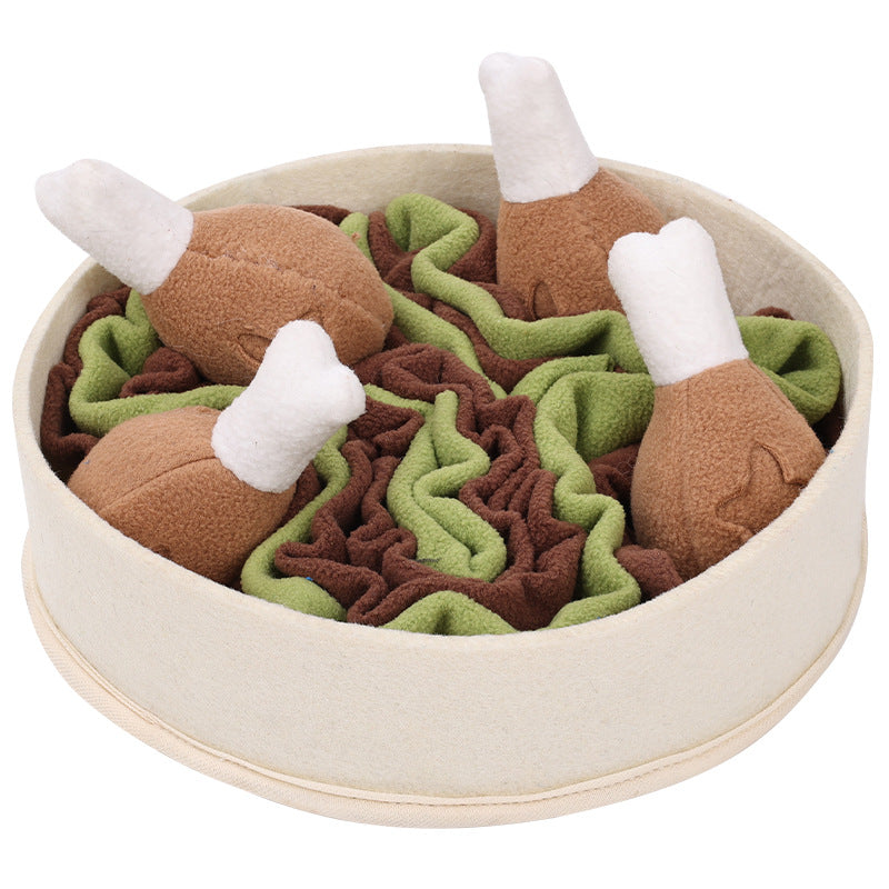 Dog toy a bowl of chicken leg